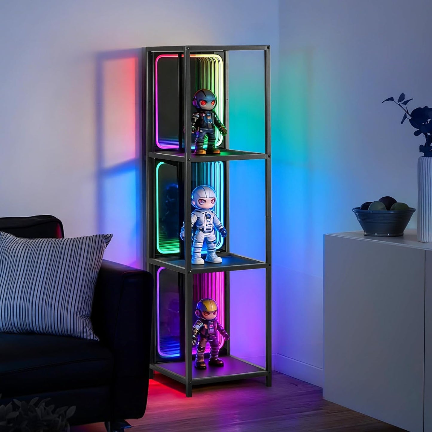 3 Tier Storage Cabinet with LED Infinity Mirror Light, RGBW Display Cabinet with Adjustable Color Temp for Bedroom Office Gaming Room Decor,Action Figures, Collectibles, Black