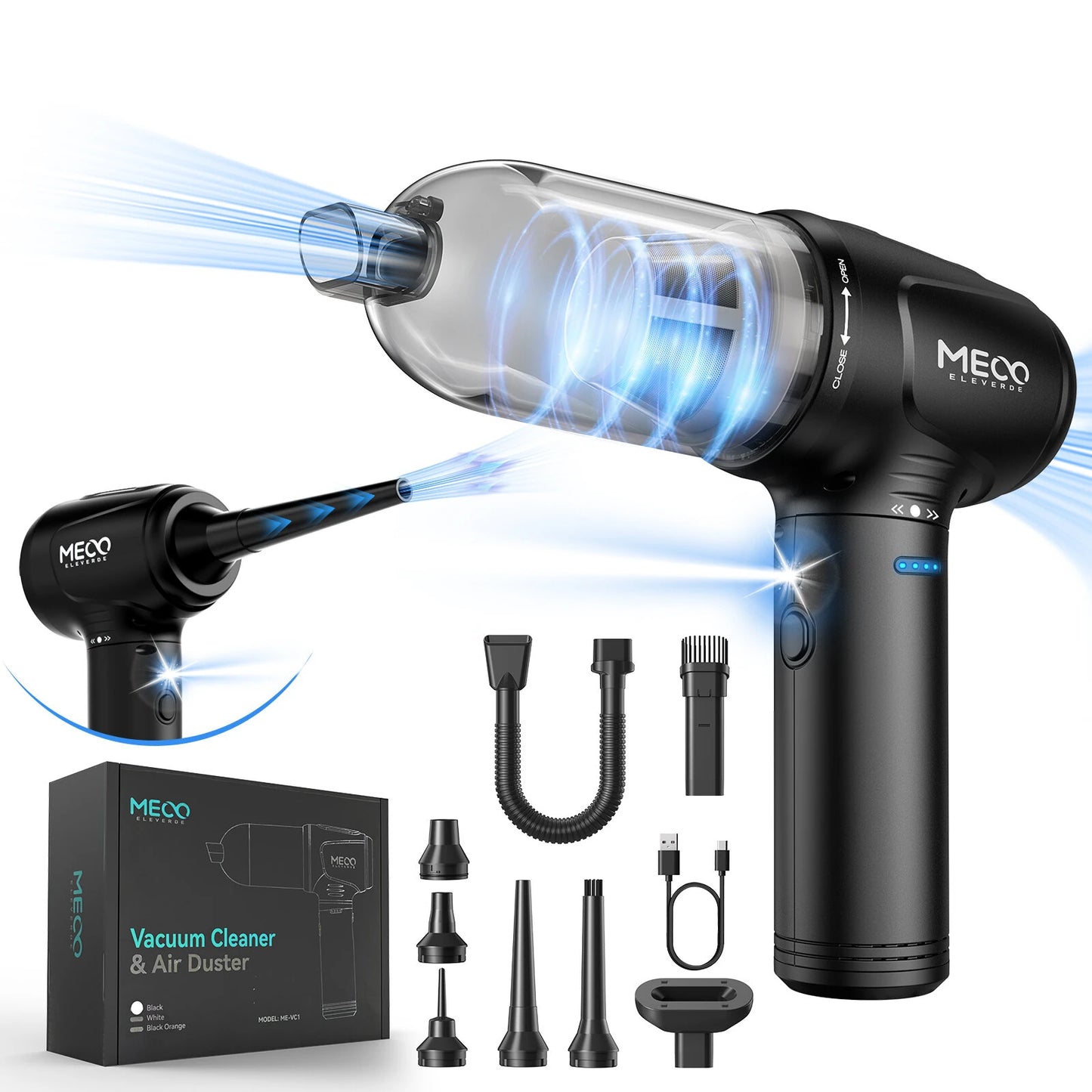 MECO ELEVERDE 4-in-1 Wireless Air Duster & Vacuum Cleaner | 6000mAh Long Battery & Type-C Fast Charging | 3-Gear Adjustable Power (Max 16KPa Suction) | for Computer, Car, Pet Hair Cleaning | with LED Light & Power Display