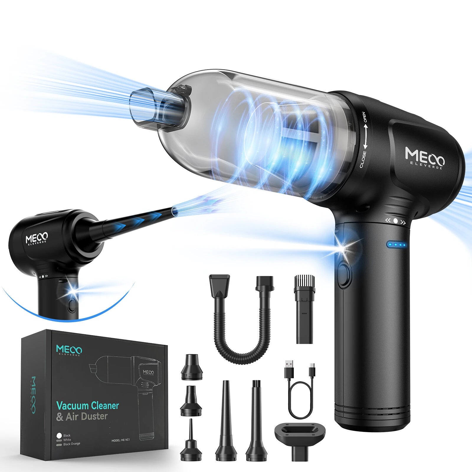 MECO ELEVERDE 4-in-1 Wireless Air Duster & Vacuum Cleaner | 6000mAh Long Battery & Type-C Fast Charging | 3-Gear Adjustable Power (Max 16KPa Suction) | for Computer, Car, Pet Hair Cleaning | with LED Light & Power Display