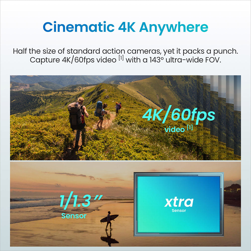 Xtra Atto Wearable POV Action Camera, 4K/60fps, 1/1.3" CMOS Sensor, 54g Ultra-Compact Mini Vlog Camera, 220 Min Battery with Vision Dock, 600MB/s Fast Transfer, 10m Waterproof, Hands-Free Recording
