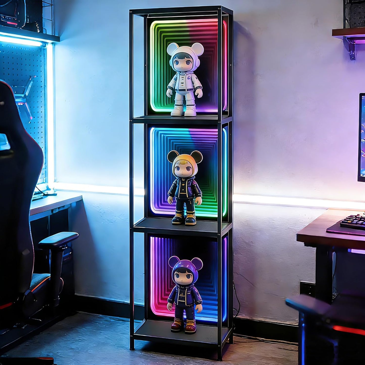 3 Tier Storage Cabinet with LED Infinity Mirror Light, RGBW Display Cabinet with Adjustable Color Temp for Bedroom Office Gaming Room Decor,Action Figures, Collectibles, Black