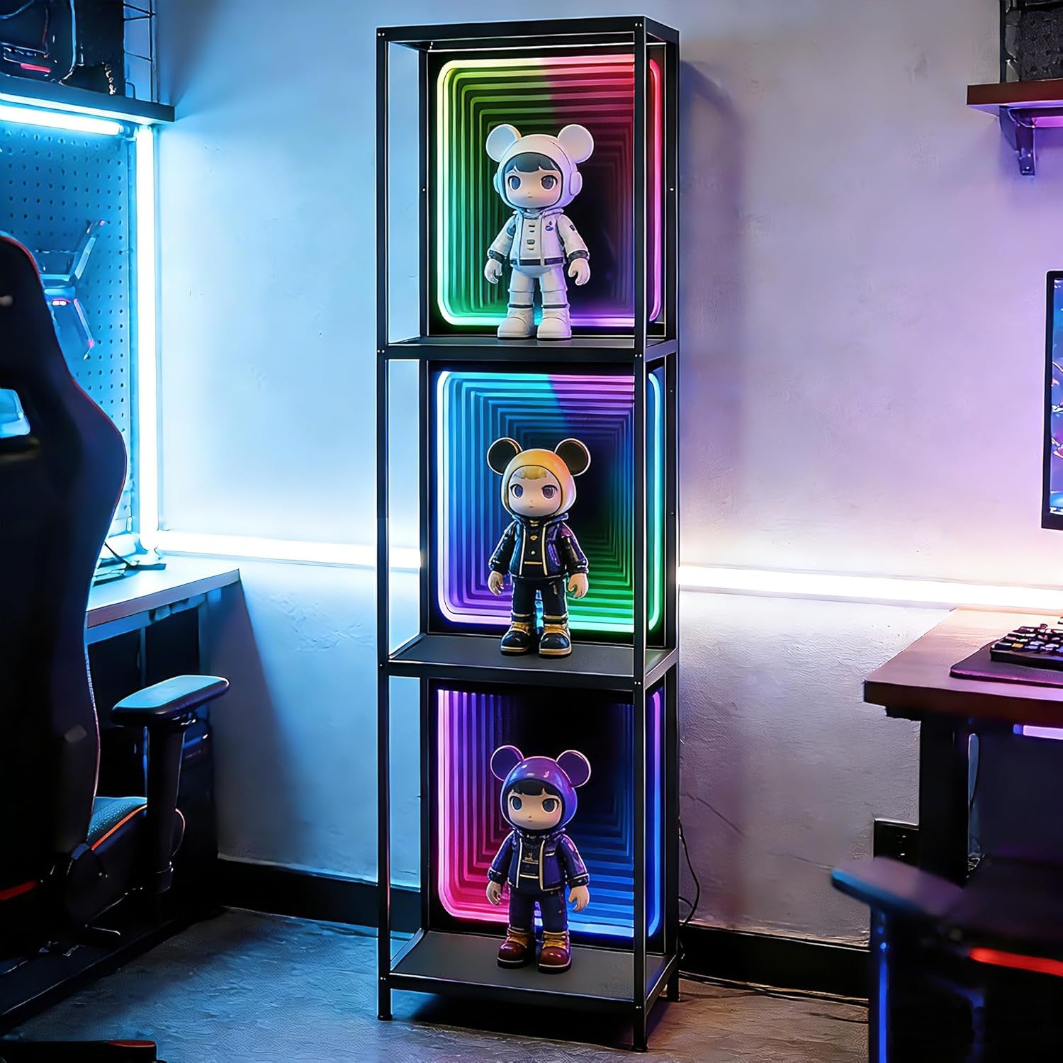 3 Tier Storage Cabinet with LED Infinity Mirror Light, RGBW Display Cabinet with Adjustable Color Temp for Bedroom Office Gaming Room Decor,Action Figures, Collectibles, Black