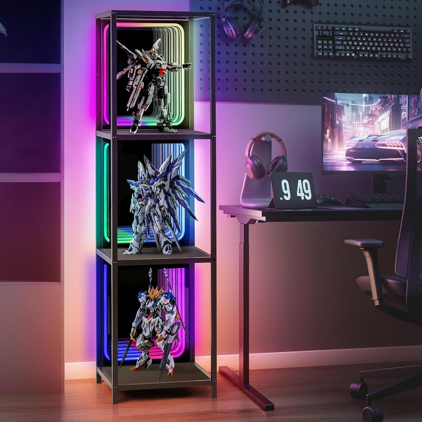 3 Tier Storage Cabinet with LED Infinity Mirror Light, RGBW Display Cabinet with Adjustable Color Temp for Bedroom Office Gaming Room Decor,Action Figures, Collectibles, Black