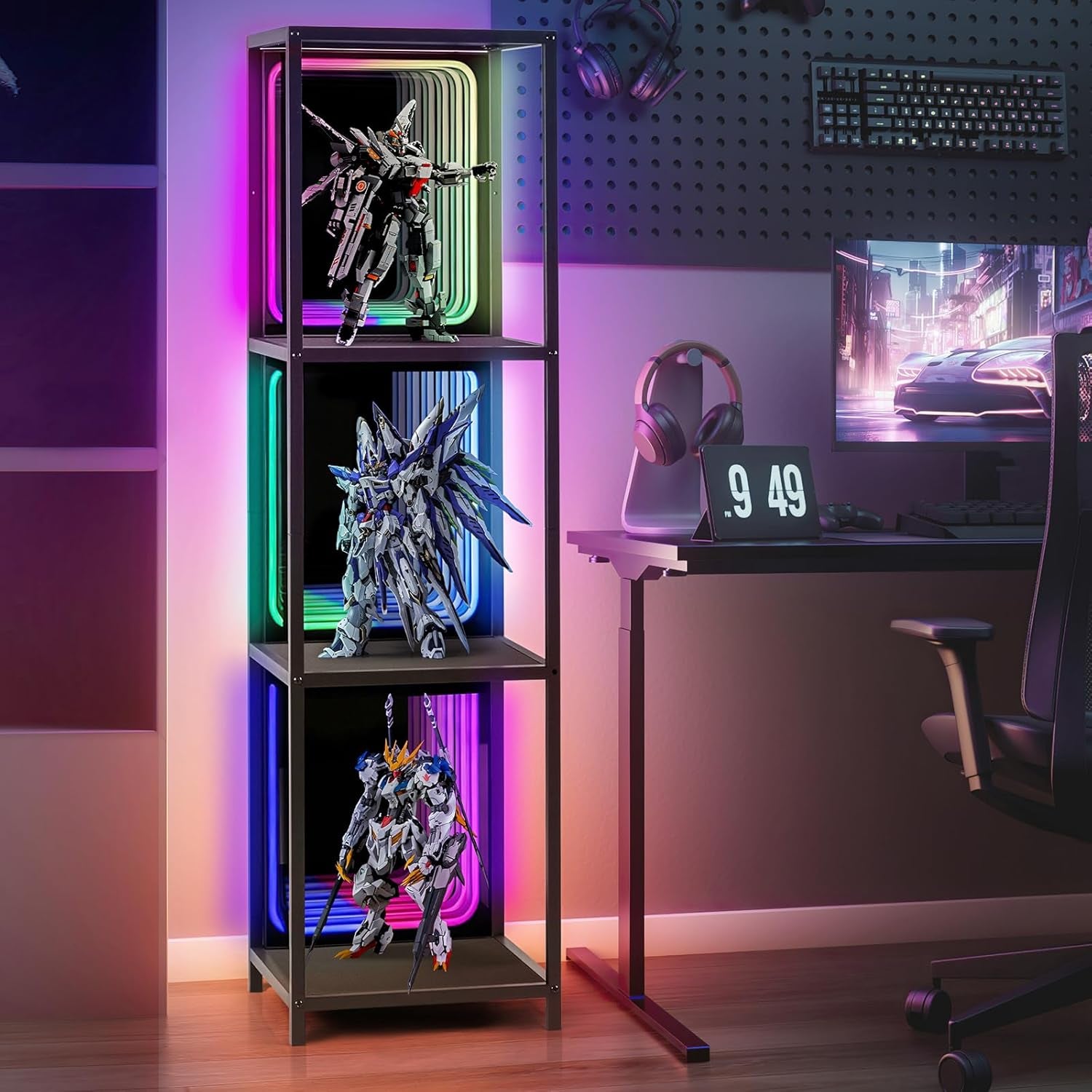 3 Tier Storage Cabinet with LED Infinity Mirror Light, RGBW Display Cabinet with Adjustable Color Temp for Bedroom Office Gaming Room Decor,Action Figures, Collectibles, Black