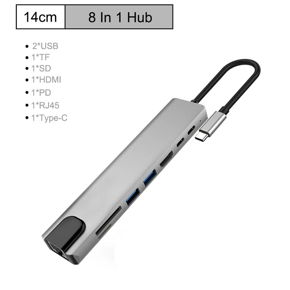 Bakeey PB-C7366 8-in-1 USB-C Hub Docking Station Adapter With 4K HDMI HD Display / 87W USB-C PD3.0 Power Delivery / USB-C Data Transmission / 2 * USB 3.0 / RJ45 Ethernet / Memory Card Readers