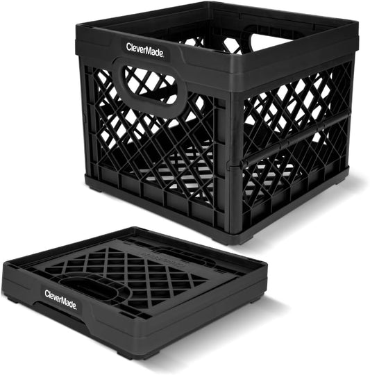 Collapsible Milk Crate 25L (6.6 Gal), 50 Lb Capacity Heavy Duty Folding Crate – Stackable Storage Crates with File Rails, Plastic Collapsible Crates - Obsidian