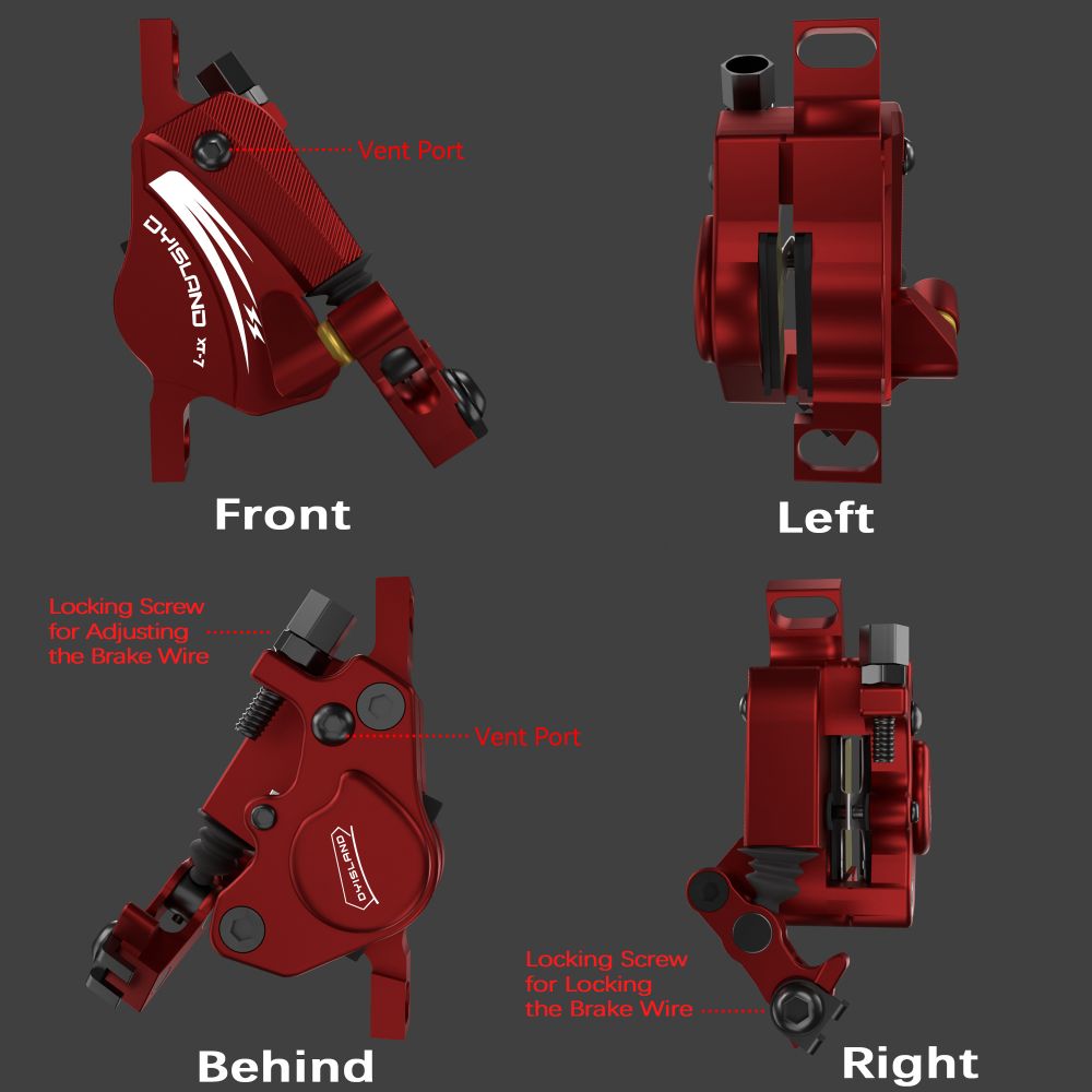 DYISLAND XT-7 Hydraulic Disc Brakes Calipers, Cable Actuated Front & Rear Brake for MTB / Road Bike / Electric Bike - Red