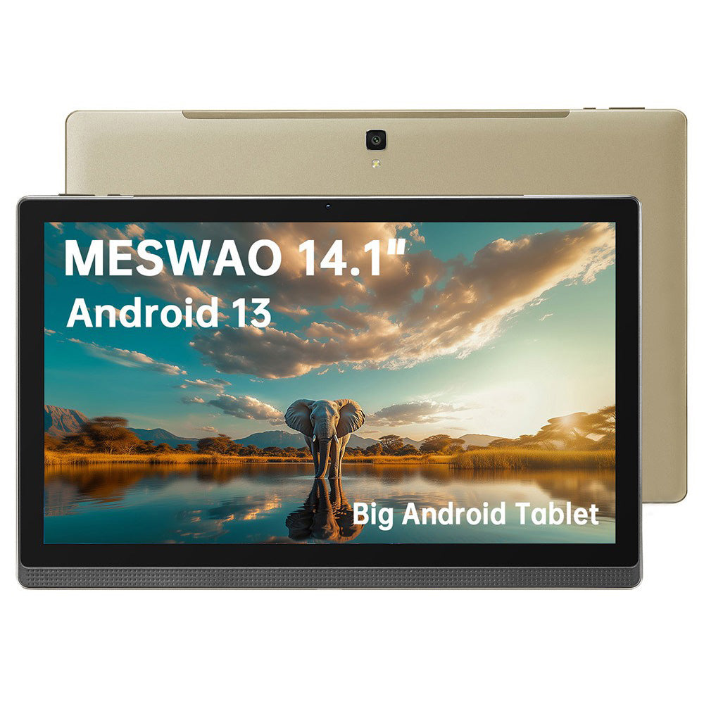 MESWAO B1 Tablet, 14.1 inch 1920*1080 IPS Screen, MTK6769 8 Cores, 6GB RAM 128GB ROM, Android 13, WiFi 5 Bluetooth 5.2, 13MP+5MP Camera, 10000mAh Battery, 4*Speakers - US Plug, Golden