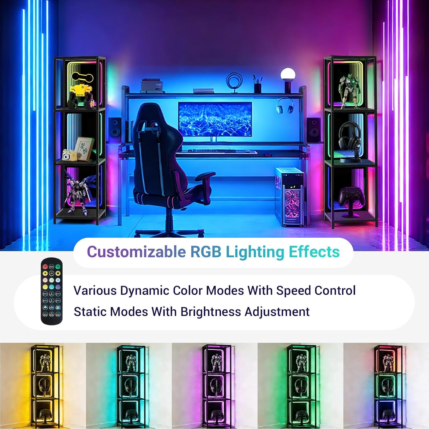 3 Tier Storage Cabinet with LED Infinity Mirror Light, RGBW Display Cabinet with Adjustable Color Temp for Bedroom Office Gaming Room Decor,Action Figures, Collectibles, Black