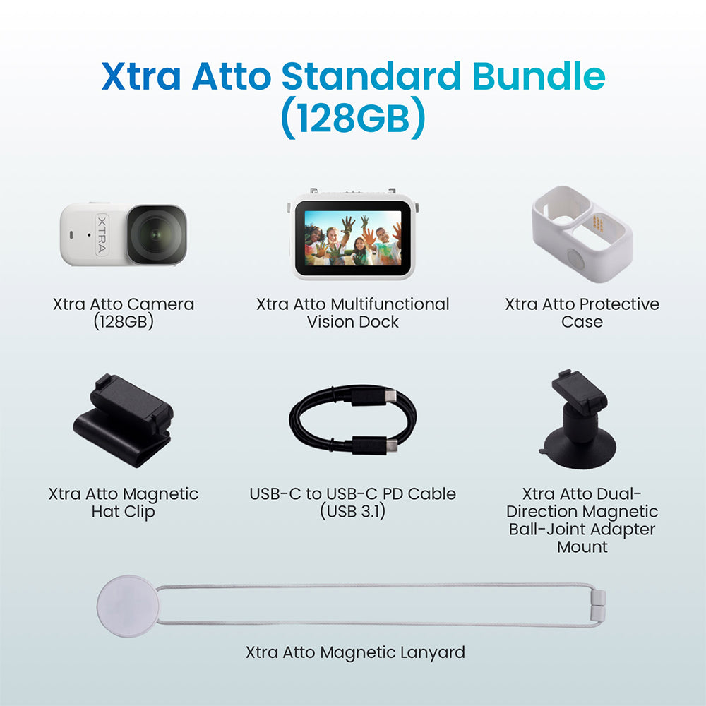 Xtra Atto Wearable POV Action Camera, 4K/60fps, 1/1.3" CMOS Sensor, 54g Ultra-Compact Mini Vlog Camera, 220 Min Battery with Vision Dock, 600MB/s Fast Transfer, 10m Waterproof, Hands-Free Recording