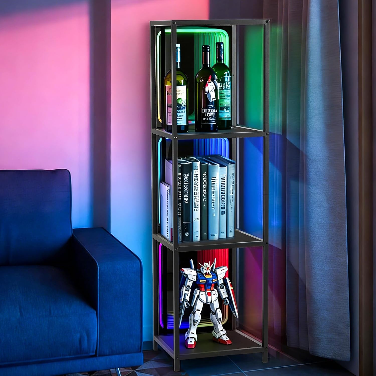 3 Tier Storage Cabinet with LED Infinity Mirror Light, RGBW Display Cabinet with Adjustable Color Temp for Bedroom Office Gaming Room Decor,Action Figures, Collectibles, Black