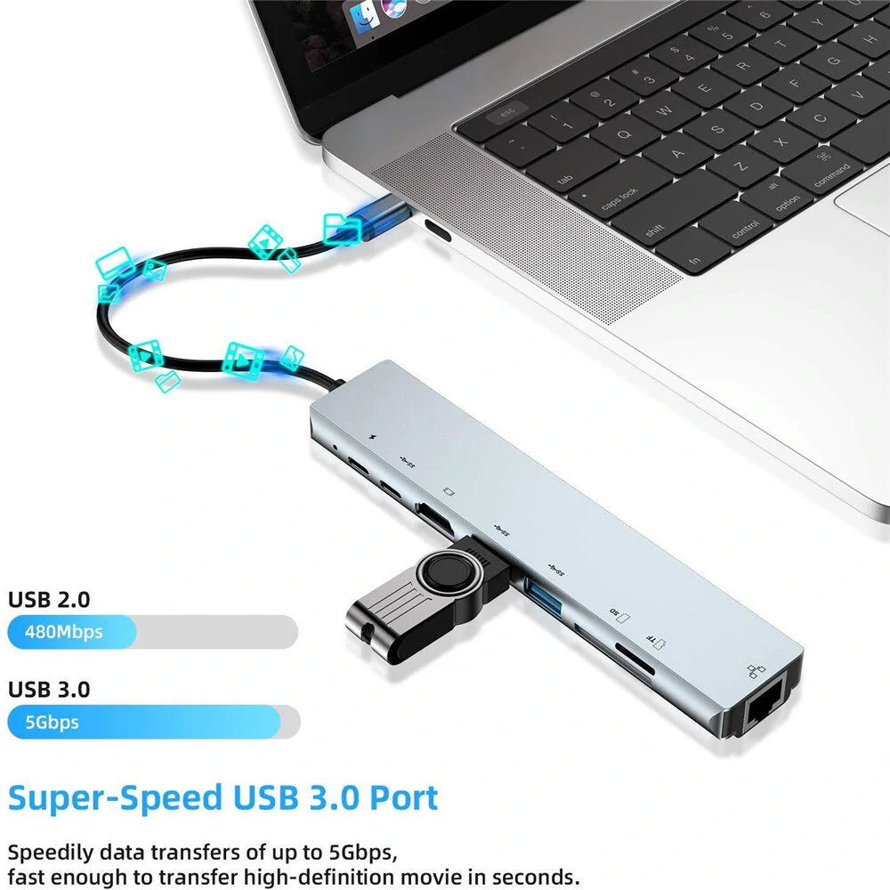 Bakeey PB-C7366 8-in-1 USB-C Hub Docking Station Adapter With 4K HDMI HD Display / 87W USB-C PD3.0 Power Delivery / USB-C Data Transmission / 2 * USB 3.0 / RJ45 Ethernet / Memory Card Readers