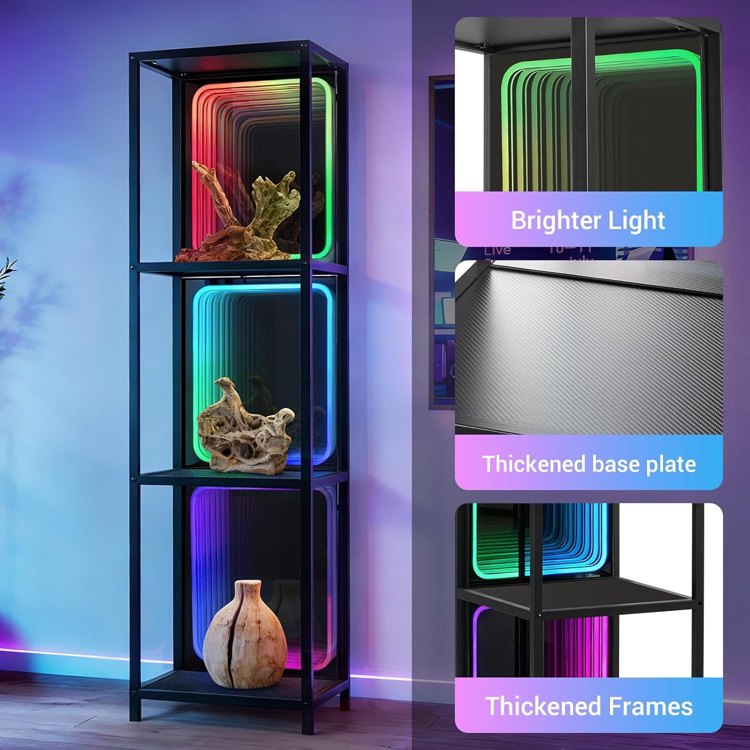 3 Tier Storage Cabinet with LED Infinity Mirror Light, RGBW Display Cabinet with Adjustable Color Temp for Bedroom Office Gaming Room Decor,Action Figures, Collectibles, Black