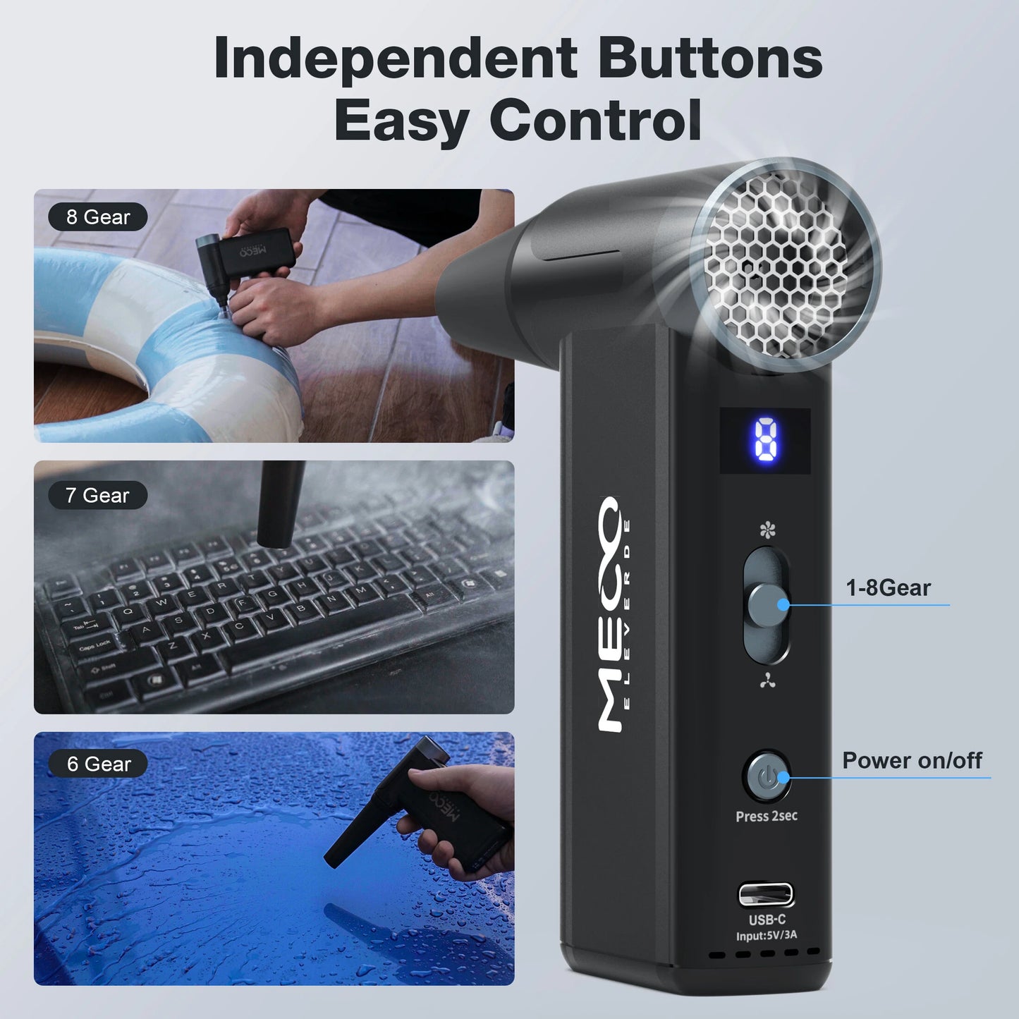 MECO ELEVERDE D1 Electric Air Duster 8-Gear to 130000RPM Keyboard Cleaner Rechargeable Cordless for Keyboard, Car, Pet Hair