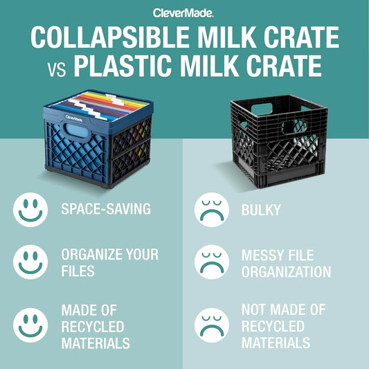 Collapsible Milk Crate 25L (6.6 Gal), 50 Lb Capacity Heavy Duty Folding Crate – Stackable Storage Crates with File Rails, Plastic Collapsible Crates - Obsidian