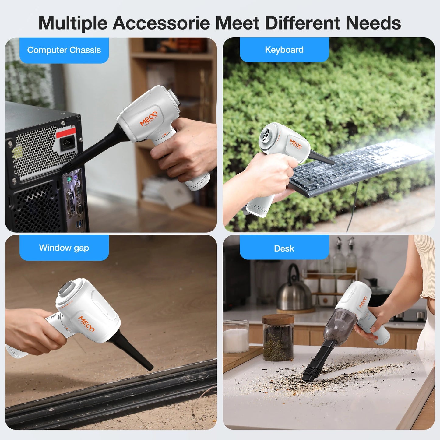 MECO ELEVERDE 4-in-1 Wireless Air Duster & Vacuum Cleaner | 6000mAh Long Battery & Type-C Fast Charging | 3-Gear Adjustable Power (Max 16KPa Suction) | for Computer, Car, Pet Hair Cleaning | with LED Light & Power Display